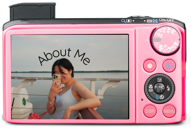 Camera flipped around, screen showing a photo of Sarah with 'About Me'