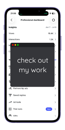 iPhone screen on, showing a professional dashboard with 'check out my work' — click to see Sarah's work