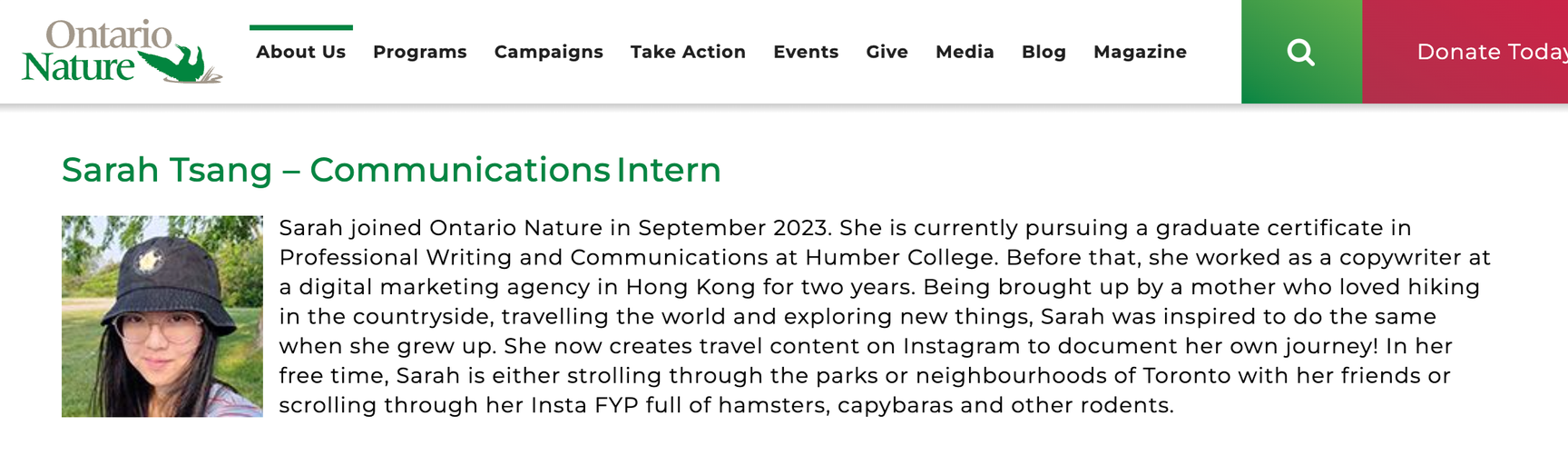 Sarah Tsang's Ontario Nature communications intern bio
